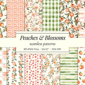 Könnte beinhalten: Eine Sammlung nahtloser Aquarellmuster mit Pfirsichen und Blüten. Designs umfassen Pfirsichzweige, Tupfen, Vichy-Karo und Streifen in Pfirsich-, Grün- und Weißtönen. Der Text "Peaches & Blossoms" ist zu sehen.