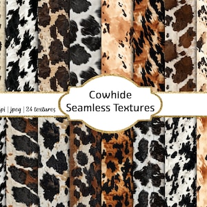 Może przedstawiać: 24 bezszwowych tekstur skóry krowiej w różnych odcieniach brązu, czerni i bieli. Tekstury są ułożone w siatkę i idealnie nadają się do projektów projektowania cyfrowego.