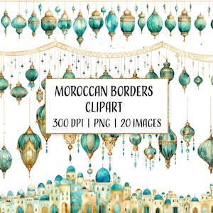 Bordures marocaines aquarelles, lanternes marocaines imprimables, téléchargement immédiat des cliparts, usage Commercial