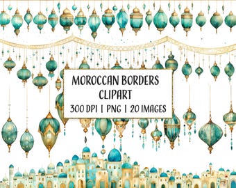 Watercolor Moroccan Borders, Printable Moroccan Lanterns, Instant Download Clipart, Commercial use