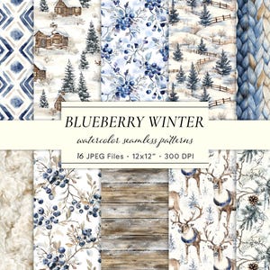 Könnte beinhalten: Eine Sammlung nahtloser Aquarellmuster mit Winterthema. Die Muster umfassen geometrische Designs, Winterlandschaften mit Hütten und Bäumen, Blaubeerzweige und eine Strickstruktur. Der Text "BLUEBERRY WINTER" und weitere Details sind ebenfalls sichtbar.