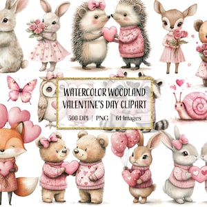 Saint-Valentin aquarelle des bois, clipart rose Saint-Valentin, illustrations imprimables animaux de la forêt, scrapbooking, usage Commercial