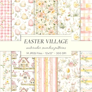 Könnte beinhalten: Eine Sammlung von 14 nahtlosen Aquarellmustern zum Thema Ostern. Die Muster zeigen Pastellfarben, darunter Rosa, Gelb und Grün, mit Bildern von Eiern, Küken, Hasen, Blumen und Häusern. Der Text "EASTER VILLAGE" wird angezeigt.