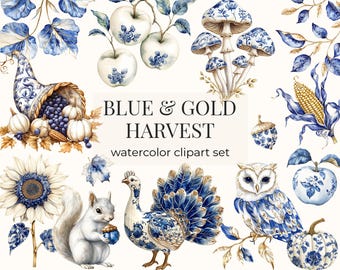 Chinoiserie Thanksgiving Clipart Set: Blue & Gold Watercolor PNG (Digital Download)