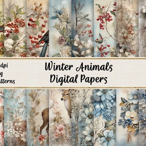Carta digitale con animali invernali, carta per scrapbooking con paesaggi invernali, carta per decoupage stampabile, uso commerciale