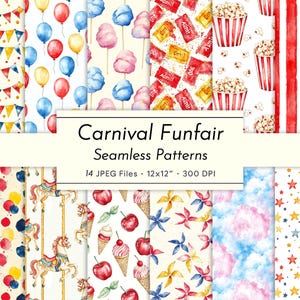 Carnival Funfair – Watercolor Seamless Patterns | Circus Tent, Popcorn, Cotton Candy & Carousel Design | Printable Scrapbook Paper