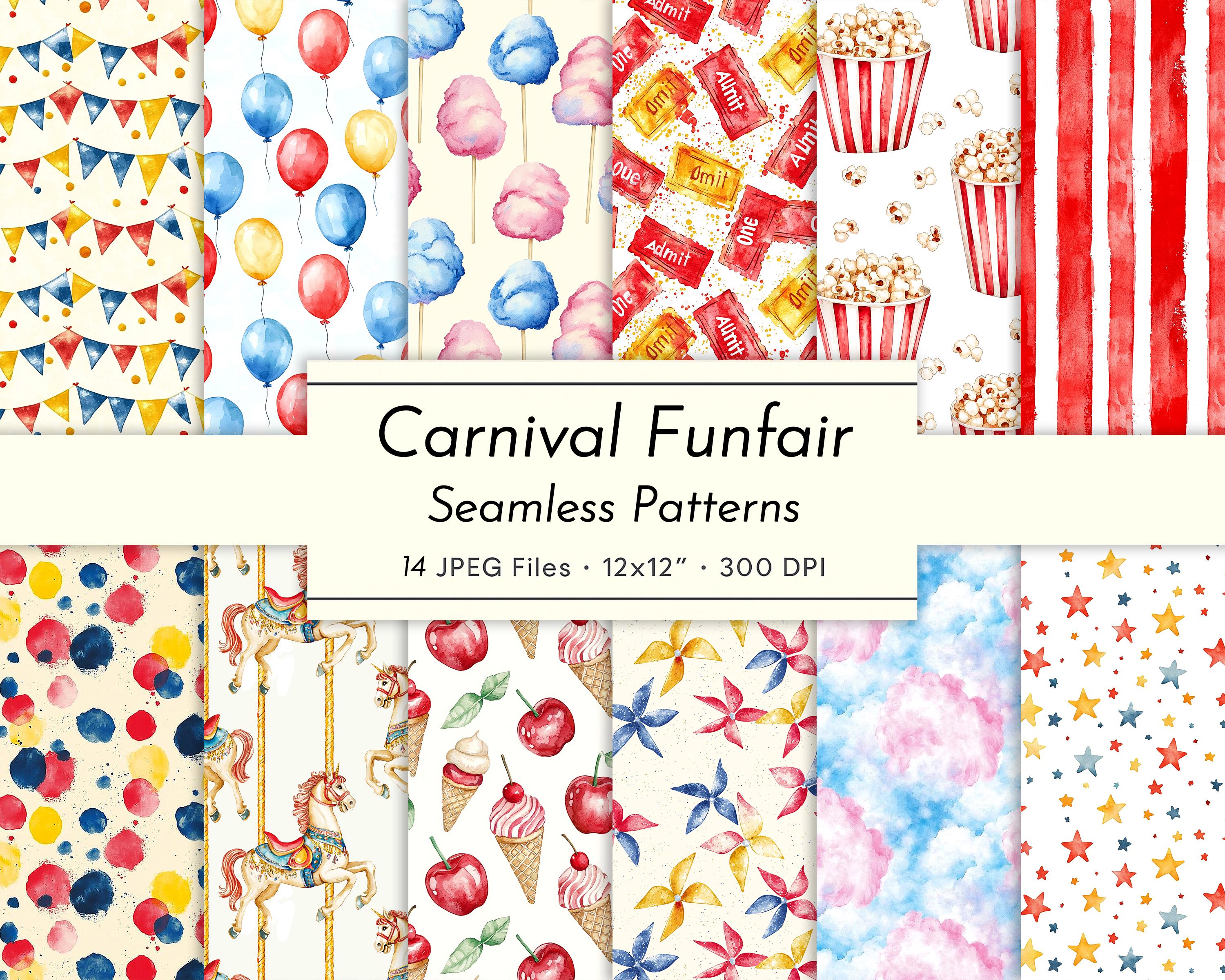 Carnival Funfair – Watercolor Seamless Patterns | Circus Tent, Popcorn, Cotton Candy & Carousel Design | Printable Scrapbook Paper