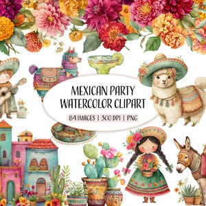 May include: Watercolor clipart set featuring a variety of Mexican party elements, including a llama, donkey, cactus, flowers, and a sombrero-wearing child. The set includes 84 images at 300 DPI in PNG format.