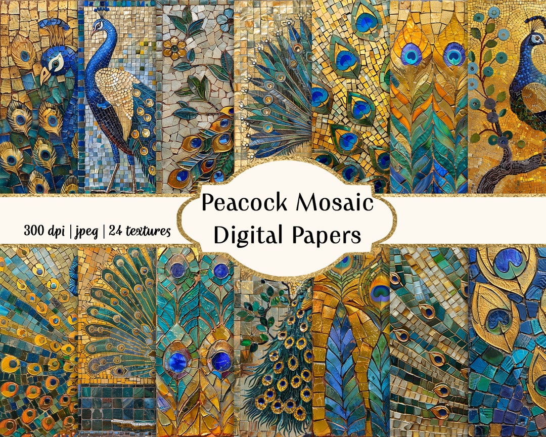 Peacock Mosaic Digital Paper: Gold Scrapbook Backgrounds (12x12