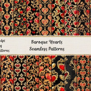 May include: 20 seamless patterns featuring red and gold hearts on a black background. Baroque Hearts Seamless Patterns. 300 dpi jpeg.