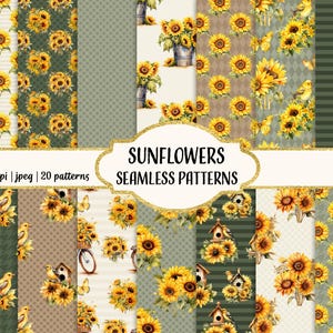 Watercolor Sunflowers Seamless Patterns, Rustic Sunflowers, Printable Scrapbook Paper, Commercial use