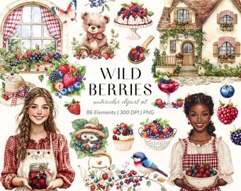 Wild Berries Watercolor Clipart Bundle, Cottagecore Berry Illustrations, Strawberry Blueberry Raspberry PNG Set