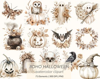 Boho Halloween Watercolor Clipart Set: Pumpkins, Ghosts, Skulls (PNG Downloadable Files)