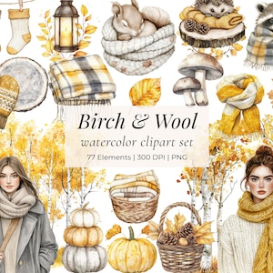 Aquarell Herbst Clipart Set | Birch & Wool – Cosy Herbst Waldtiere, Knits und Blätter | PNG-Elemente für Aufkleber, Karten, Kunsthandwerk