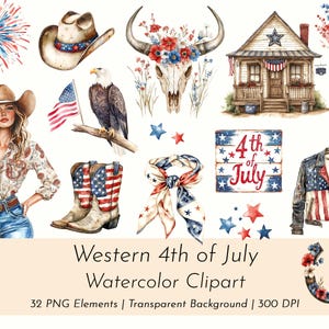 Clipart de acuarela del 4 de julio: conjunto PNG patriótico con vaquera, botas, flores y decoración rústica. Uso comercial.
