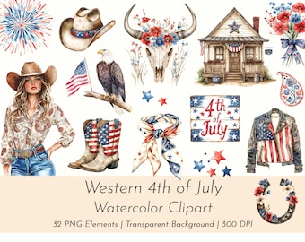 Western 4th of July Watercolor Clipart: Cowgirl, Boots PNG Set