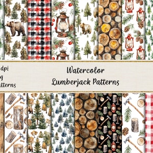 Puede incluir: Un conjunto de 22 patrones digitales de acuarela con temas de leñador. Los patrones incluyen osos, pinos, cuadros, madera, hachas y linternas. Los patrones son de 300 dpi y son perfectos para proyectos de artesanía y diseño.