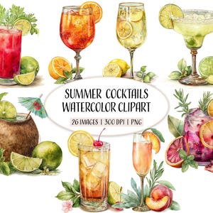 Aquarel zomercocktails clipart | Tropisch drankje, png PNGEgg | Margarita, mojito, fruitcocktailkunst voor feest | Commercieel gebruik