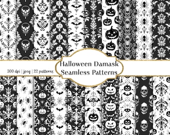 Patrones sin costuras de damasco de Halloween en blanco y negro, uso comercial