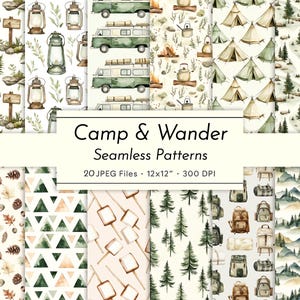 Camp & Wander – Motifs de camping sans couture à l'aquarelle | Nature, forêt, tente, fourgonnette | Papier numérique pour scrapbooking, tissu, thème extérieur
