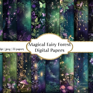 Peut inclure: 35 papiers numériques représentant une forêt féerique magique avec des lumières scintillantes, des champignons et des papillons. Les papiers sont en 300 dpi et au format jpeg.