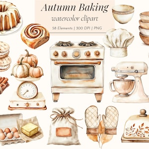 Könnte beinhalten: Aquarell-Clipart-Set mit Elementen des Herbstbackens. Enthält einen Gugelhupf, eine Zimtschnecke, Makronen, Kürbisse, einen Ofen, einen Mixer, Schüsseln und eine Kochmütze. Der Text "Autumn Baking watercolor clipart" ist sichtbar.