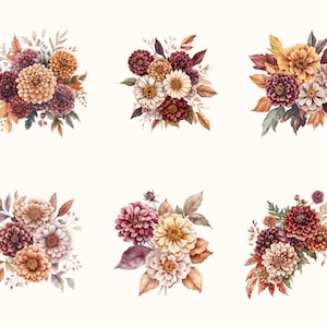 May include: Watercolor illustrations of six floral arrangements. Each arrangement features a variety of flowers in shades of burgundy, peach, cream, and yellow, with green and brown foliage. The bouquets are arranged on a white background.