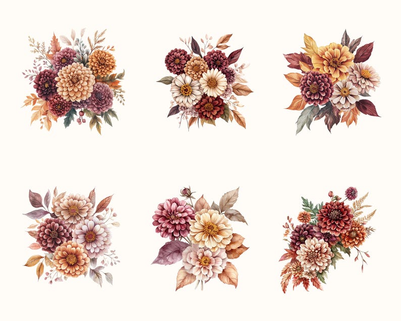 May include: Watercolor illustrations of six floral arrangements. Each arrangement features a variety of flowers in shades of burgundy, peach, cream, and yellow, with green and brown foliage. The bouquets are arranged on a white background.