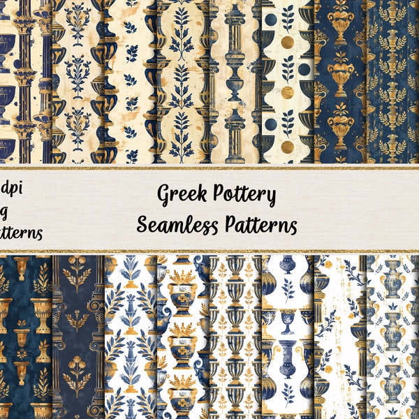 Gold and Blue Antique Greek Pottery Seamless Patterns