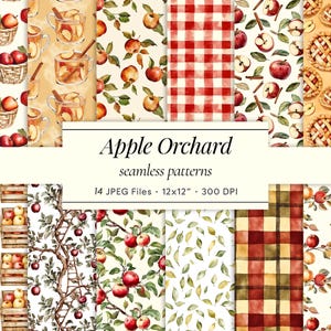 Könnte beinhalten: Eine Sammlung nahtloser Aquarellmuster mit Apfelgarten-Thema. Designs umfassen Äpfel in Körben, Apfelwein, rotes Vichy-Karo, Apfelscheiben, Apfelkuchen und Apfelbäume. Der Text "Apple Orchard seamless patterns" wird angezeigt.