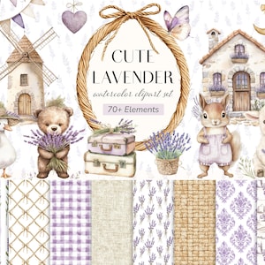 Könnte beinhalten: Ein Aquarell-Clipart-Set mit dem Titel "Cute Lavender" mit verschiedenen Elementen. Das Bild zeigt eine Windmühle, ein Haus, einen Teddybären, ein Eichhörnchen, ein Lamm, Koffer und Lavendelsträuße. Die Farbpalette ist sanft, mit Lila-, Beige- und Grüntönen.
