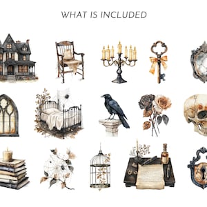 May include: Watercolor illustrations of gothic-themed elements, including a haunted house, a rocking chair, a candelabra, a key with a bow, a mirror, a stained-glass window, a bed, a raven, roses, a skull, a stack of books with a candle, a spider web, a birdcage, a desk with a letter, and a lock.