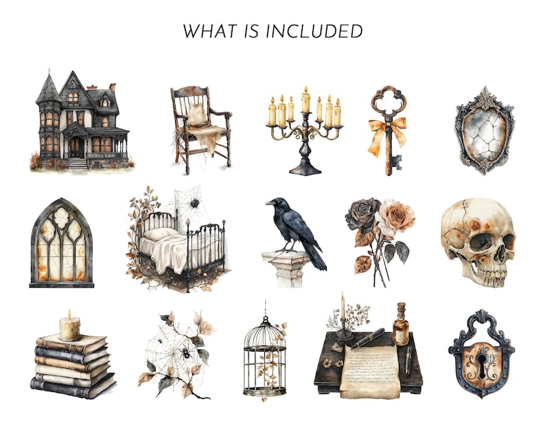 May include: Watercolor illustrations of gothic-themed elements, including a haunted house, a rocking chair, a candelabra, a key with a bow, a mirror, a stained-glass window, a bed, a raven, roses, a skull, a stack of books with a candle, a spider web, a birdcage, a desk with a letter, and a lock.