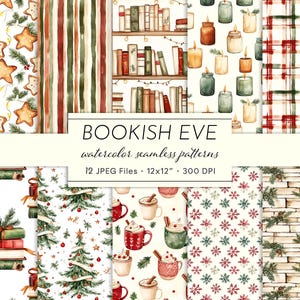 Puede incluir: Patrones sin costuras de acuarela con temática navideña. Los patrones incluyen galletas de jengibre, estanterías, velas y diseños de cuadros. Se muestra el texto "BOOKISH EVE", junto con detalles sobre los archivos.