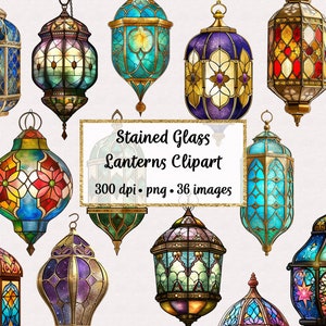 Lanternes marocaines en vitrail, Clipart PNG, fond Transparent, lanternes arabes à imprimer, Scrapbooking, usage Commercial