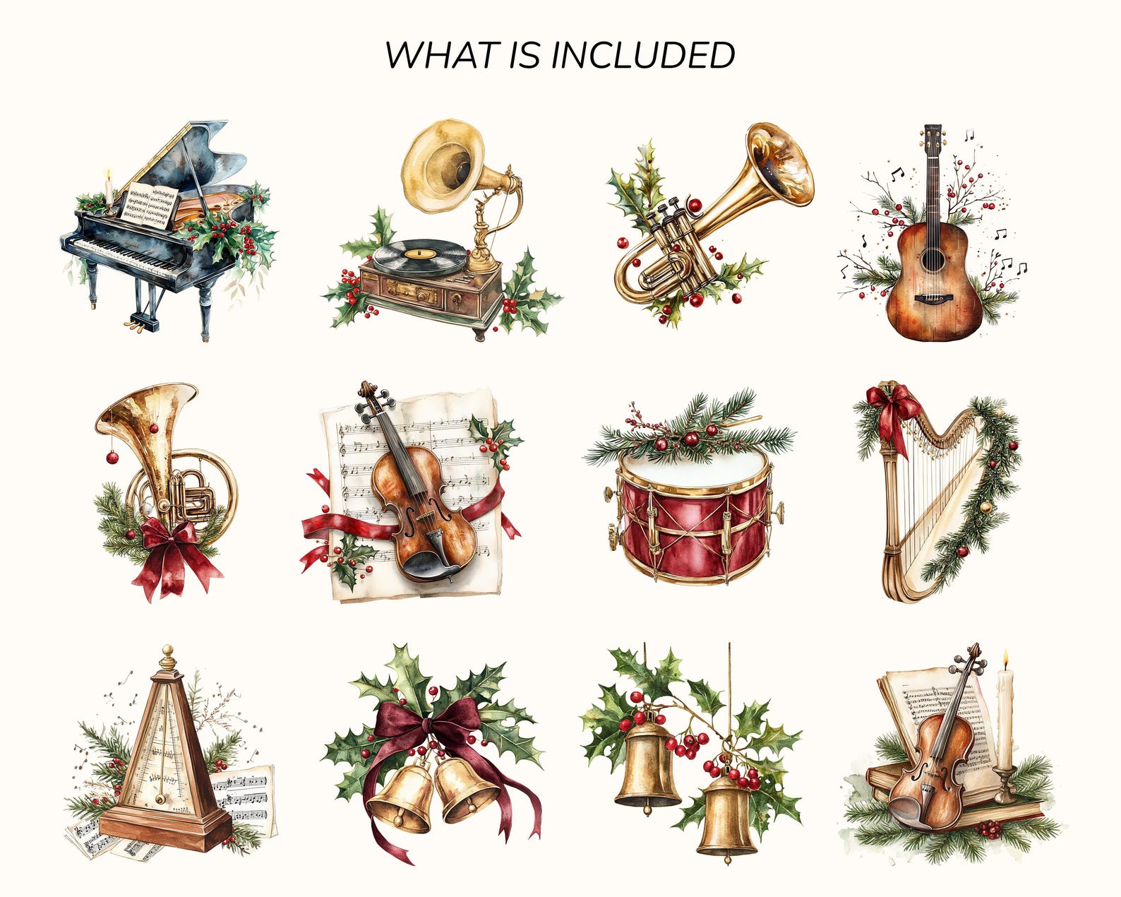 Watercolor Christmas Carols Clipart Set: Musical Instruments, Carolers ...
