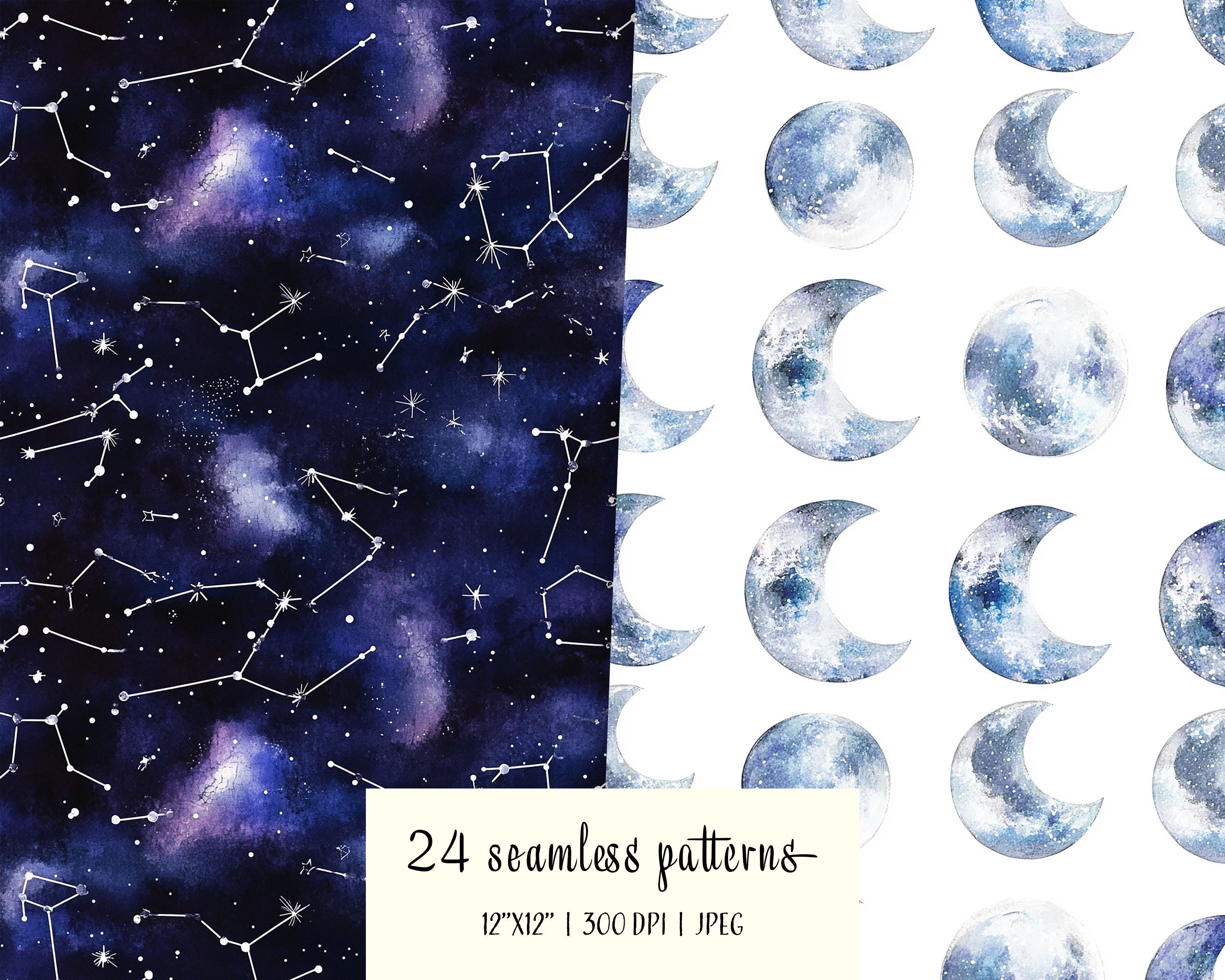 Watercolor Galactic Seamless Patterns: Stars, Moons, Constellations ...