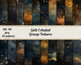 Gold Celestial Digital Papers, Night Sky Backgrounds, Printable Scrapbook Paper, Commercial use