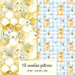 Puede incluir: Dos patrones sin costuras. Uno presenta un dise&ntilde;o de panal con margaritas y flores blancas. El otro tiene tarros de miel y abejas sobre un fondo de cuadros vichy azules. El texto dice "18 patrones sin costuras".