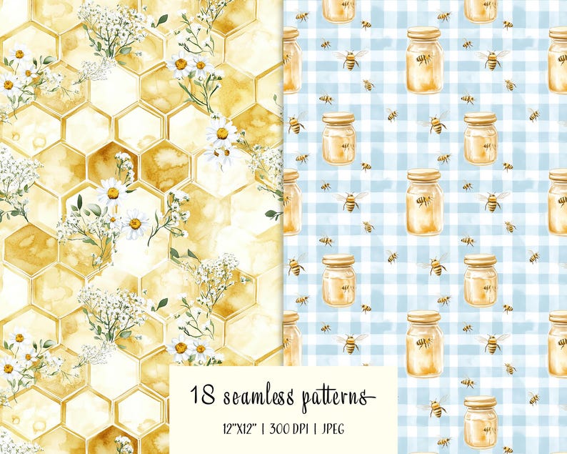 Puede incluir: Dos patrones sin costuras. Uno presenta un dise&ntilde;o de panal con margaritas y flores blancas. El otro tiene tarros de miel y abejas sobre un fondo de cuadros vichy azules. El texto dice "18 patrones sin costuras".