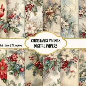 Christmas Plants Digital Papers, Printable Scrapbook Paper, Instant download, Commercial use