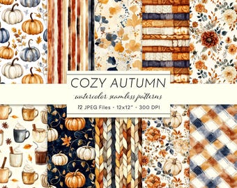 Watercolor Autumn Seamless Patterns: Pumpkin, Florals, Plaid (Digital Paper Download)