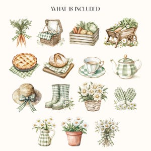 May include: Watercolor illustration featuring various garden and picnic elements. Includes a picnic basket, wheelbarrow, pie, bread, teacup, teapot, hat, boots, flowers, gloves, and a pitcher. The text "WHAT IS INCLUDED" is at the top.