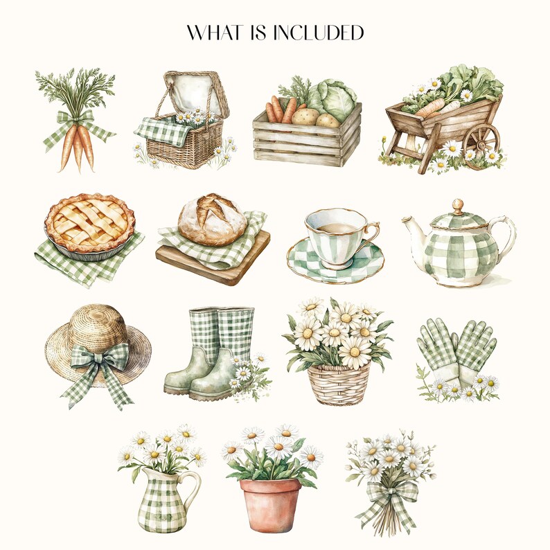 May include: Watercolor illustration featuring various garden and picnic elements. Includes a picnic basket, wheelbarrow, pie, bread, teacup, teapot, hat, boots, flowers, gloves, and a pitcher. The text "WHAT IS INCLUDED" is at the top.