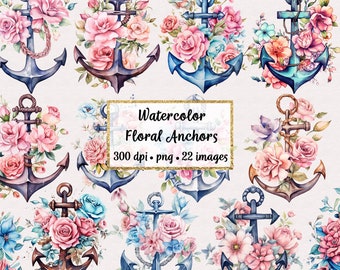 Watercolor Floral Anchors Clipart, Printable Anchors, PNG, Nautical Clip Art, Commercial use
