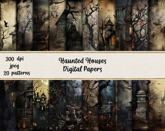 Haunted Houses Digital Papers, Printable Scrapbook Paper, Halloween Junk Journal, Commercial use