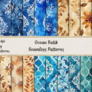 Puede incluir: 24 patrones digitales sin costuras en tonos azules y marrones. Los patrones presentan una variedad de diseños florales y geométricos. Ocean Batik Seamless Patterns. 300 dpi jpeg.
