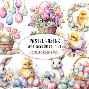 Clipart Pâques aquarelle, clipart Pâques pastel, Illustrations imprimables de Pâques, paniers de printemps, PNG, Scrapbooking, usage Commercial