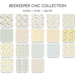 Puede incluir: Una colecci&oacute;n de 18 papeles digitales con tem&aacute;tica de apicultura. Cada papel presenta un patr&oacute;n &uacute;nico, incluyendo abejas, panales y dise&ntilde;os florales. Los papeles miden 30,48 cm x 30,48 cm y est&aacute;n etiquetados como "Beekeeper Chic Pattern" seguido de un n&uacute;mero.