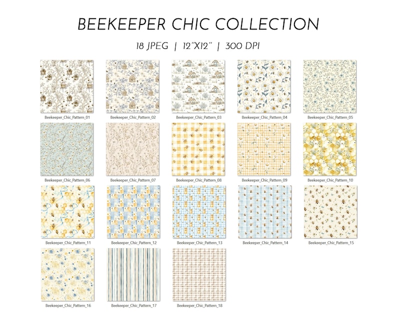 Puede incluir: Una colecci&oacute;n de 18 papeles digitales con tem&aacute;tica de apicultura. Cada papel presenta un patr&oacute;n &uacute;nico, incluyendo abejas, panales y dise&ntilde;os florales. Los papeles miden 30,48 cm x 30,48 cm y est&aacute;n etiquetados como "Beekeeper Chic Pattern" seguido de un n&uacute;mero.